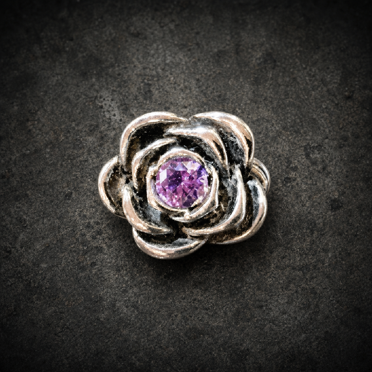 November Rain - PURPLE CZ Centered Fully Bloomed Rose Ring - 316L stainless steel unisex jewelry (R0771)