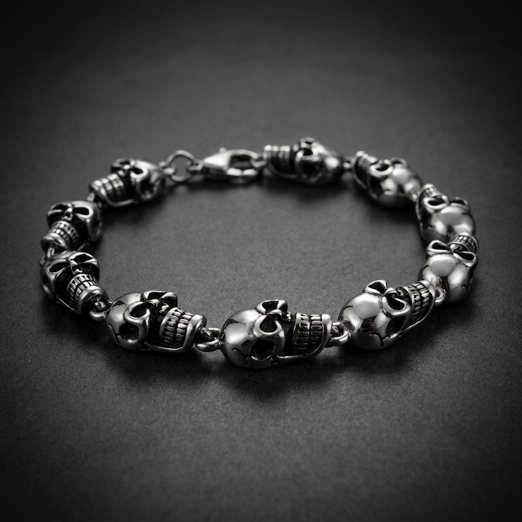 Bone Yard Links 316L stainless steel bracelet featuring multiple linked skull designs, showcasing detailed skeletal links on a wrist.