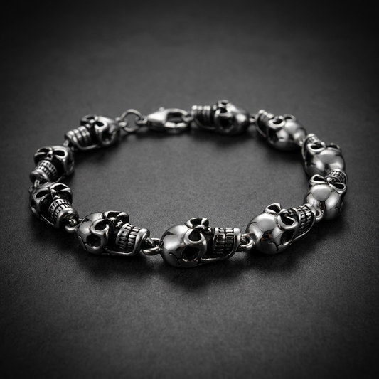Bone Yard Links 316L stainless steel bracelet featuring multiple linked skull designs, showcasing detailed skeletal links on a wrist.