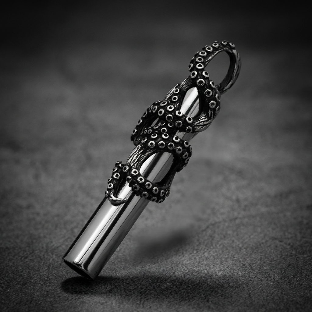 Kraken Mariner Whistle made of 316L stainless steel, featuring an aggressively textured octopus design wrapped around the whistle body.