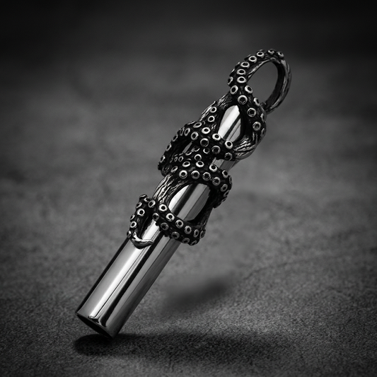Kraken Mariner Whistle made of 316L stainless steel, featuring an aggressively textured octopus design wrapped around the whistle body.