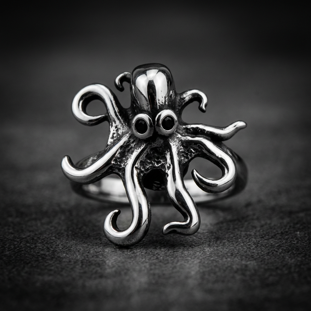Kraken Spinner Ring 316L stainless steel, showing intricate octopus design and spinner element, dark background.