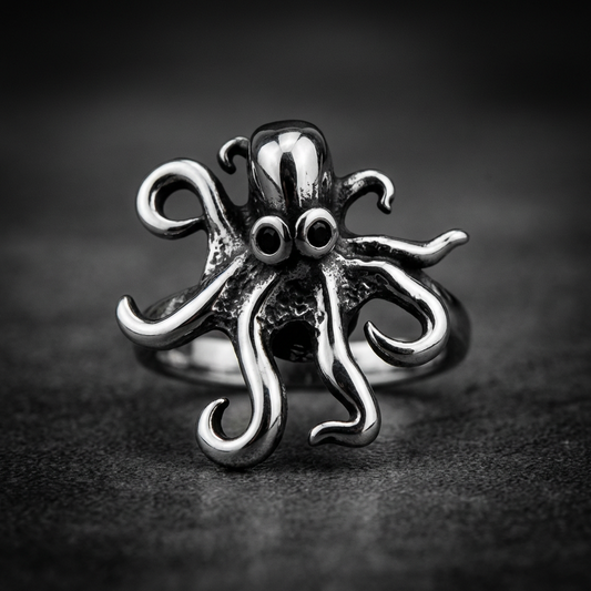 Kraken Spinner Ring 316L stainless steel, showing intricate octopus design and spinner element, dark background.