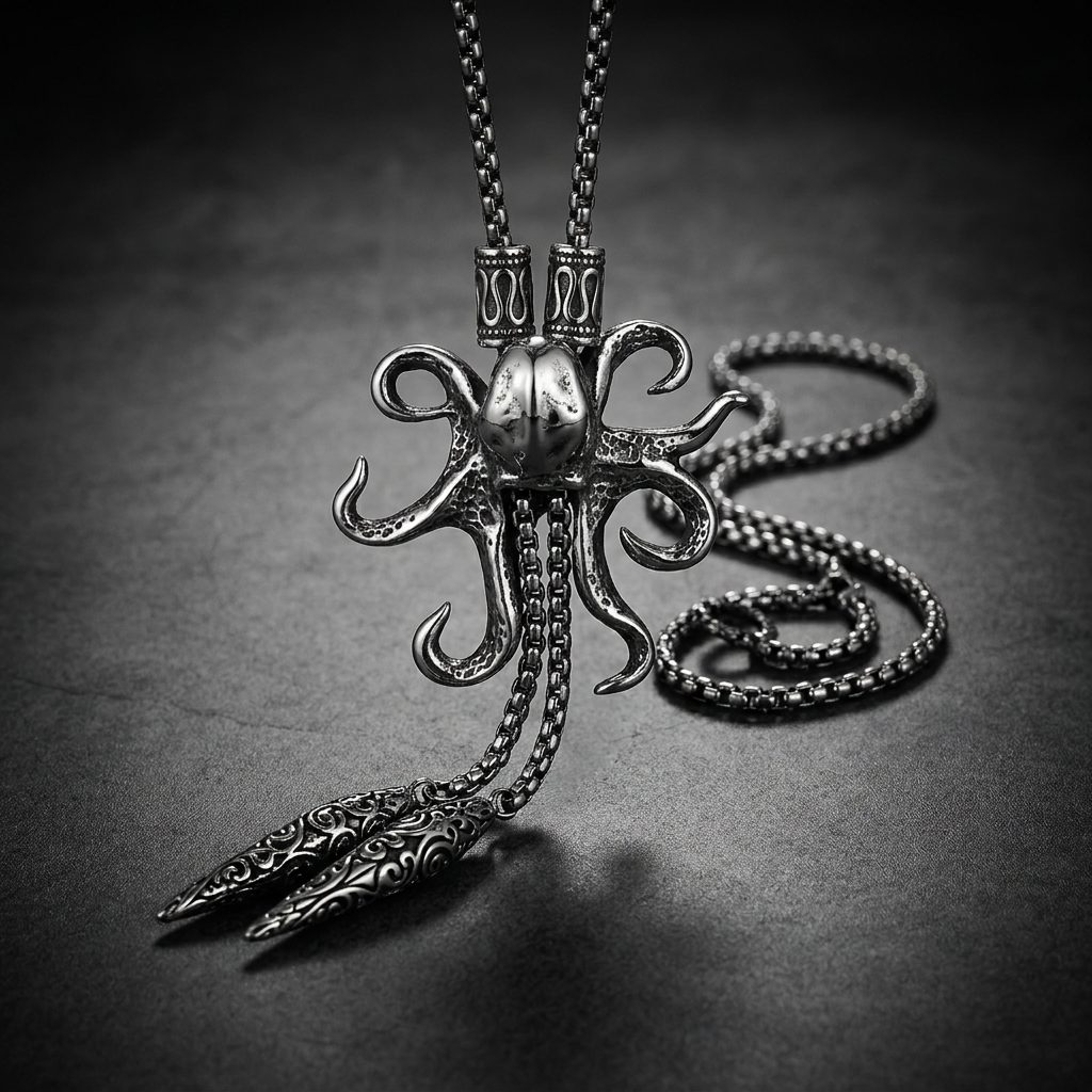 Kraken Octopus Slider 34 inch Necklace made of 316L stainless steel with an oxidized finish.
