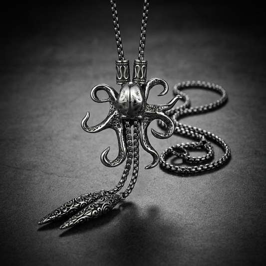 Kraken Octopus Slider 34 inch Necklace made of 316L stainless steel with an oxidized finish.
