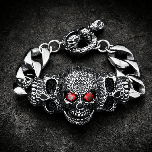 Old Red Eyes — 8.5" Red Eye Skull Bracelet - 316L stainless steel unisex jewelry, red eye skull chain bracelet, faceted re…