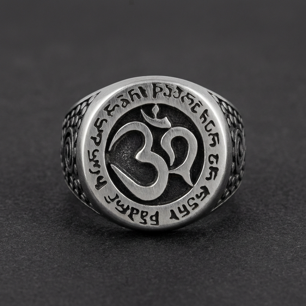 A close-up of the Om d'Ombre Ring, showcasing the dark Om symbol surrounded by tribal patterns on 316L stainless steel with oxidized details.