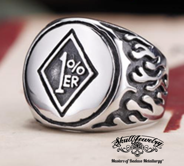 badass outlaw biker ring 1%er with flames on 2 sides