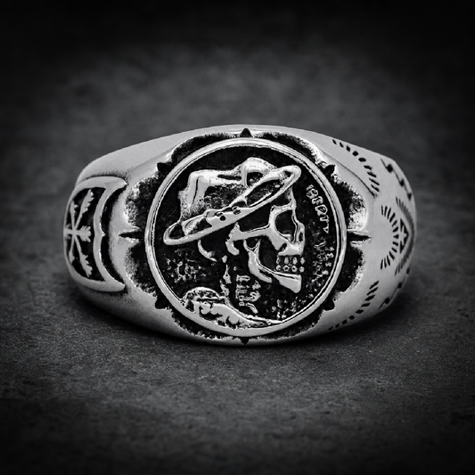 Outlaw Hobo Coin Ring in 316L surgical-grade stainless steel, featuring a unique, gritty coin design on a wide band, captured with a bold, masculine aesthetic.