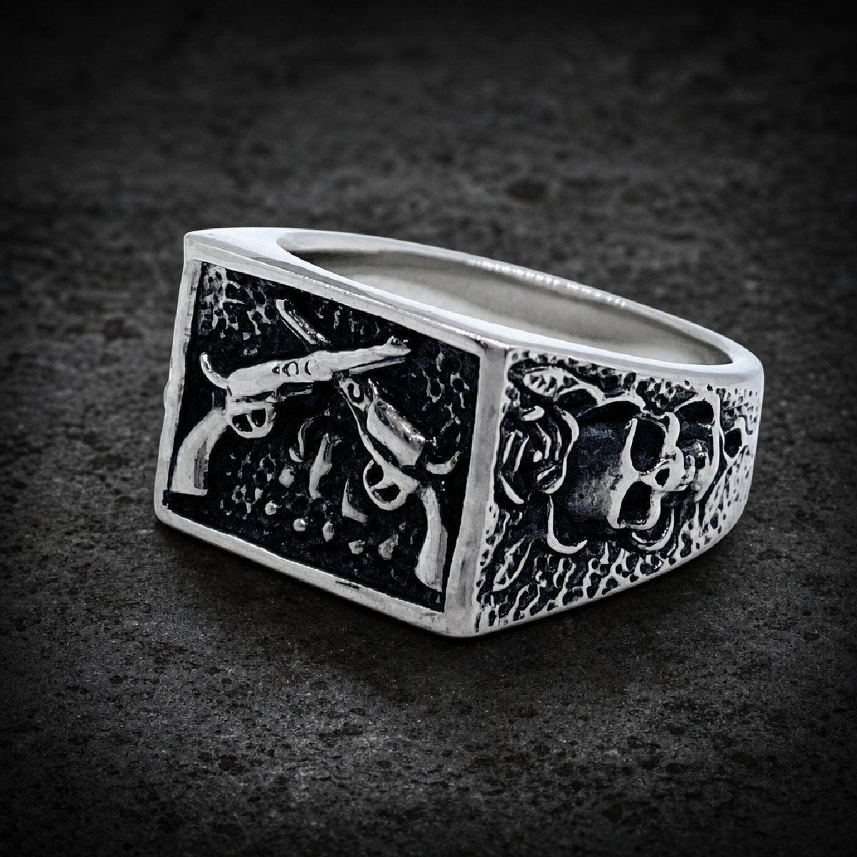 Outlaw's Reckoning — Gunslinger Skull Ring - 316L stainless steel unisex jewelry, 316l stainless steel gunslinger ring, we…