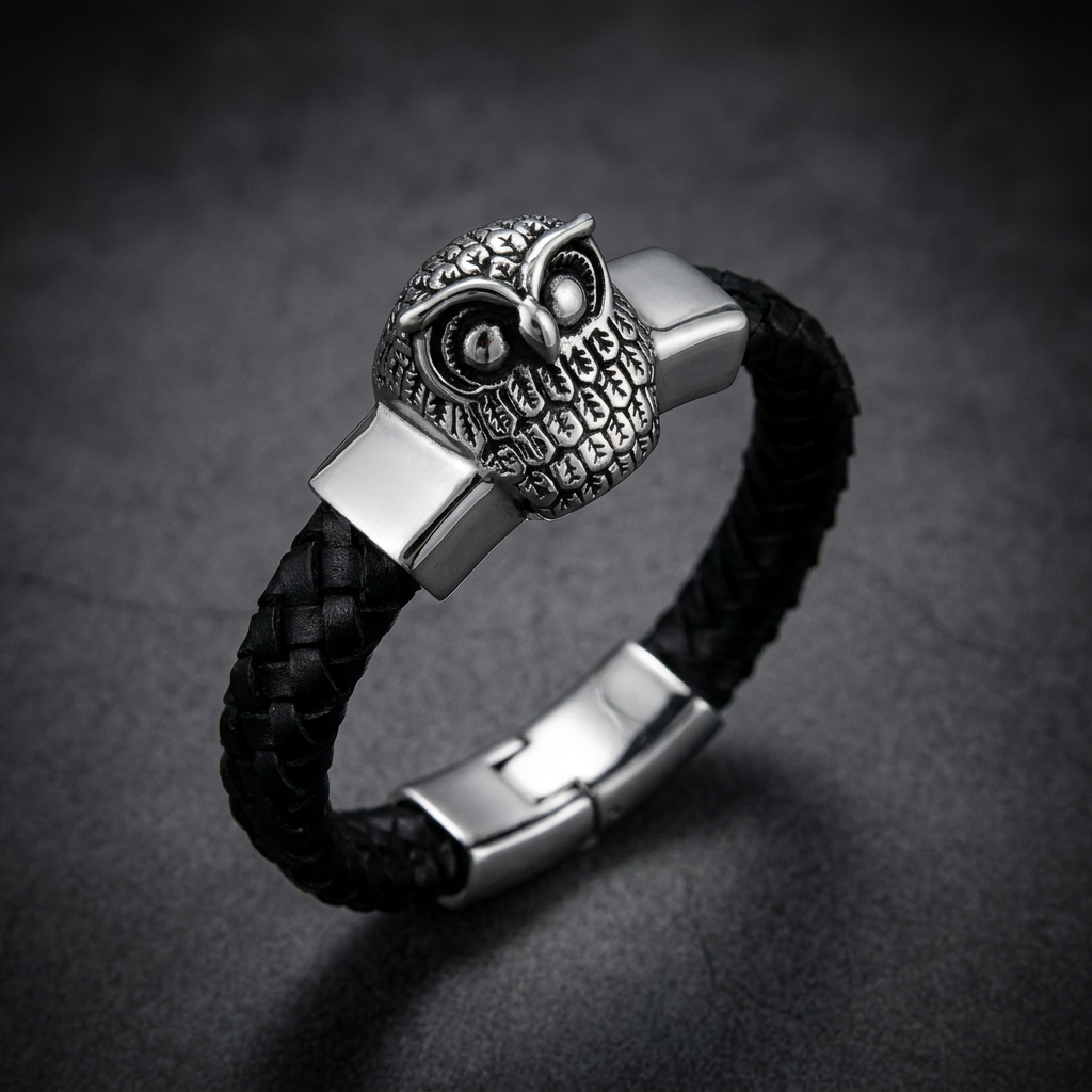 Unisex 316L stainless steel braided leather bracelet with a detailed silver owl, polished finish