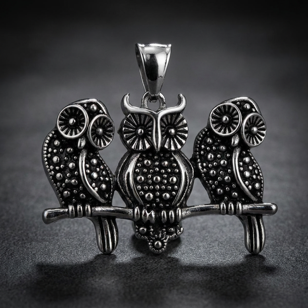 Primal Owl Perch pendant depicting three detailed owls on a branch, crafted from solid 316L stainless steel, with an ancient, formidable aesthetic.