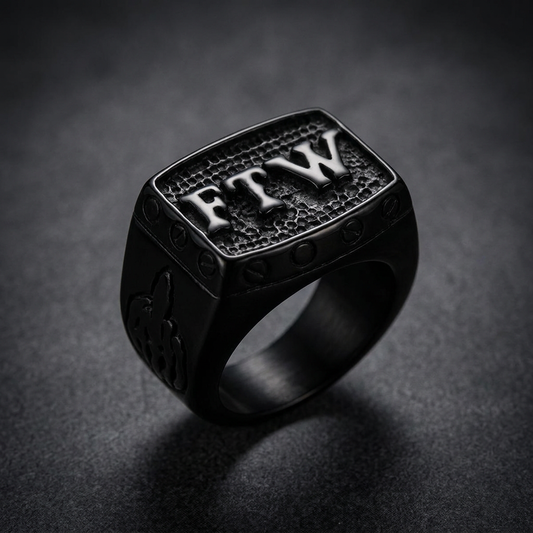 FTW Black Biker Ring 316L stainless steel, oxidized finish, screwhead details, close-up, bold lettering.