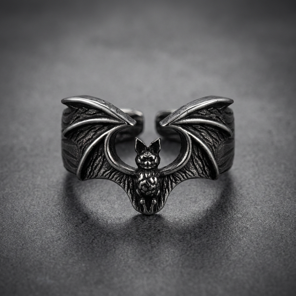 Antiqued 316L stainless steel bat ring with spread wings, gothic aesthetic