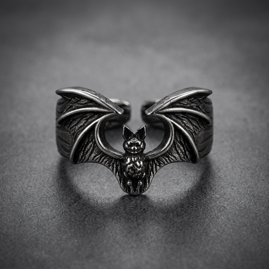 Antiqued 316L stainless steel bat ring with spread wings, gothic aesthetic