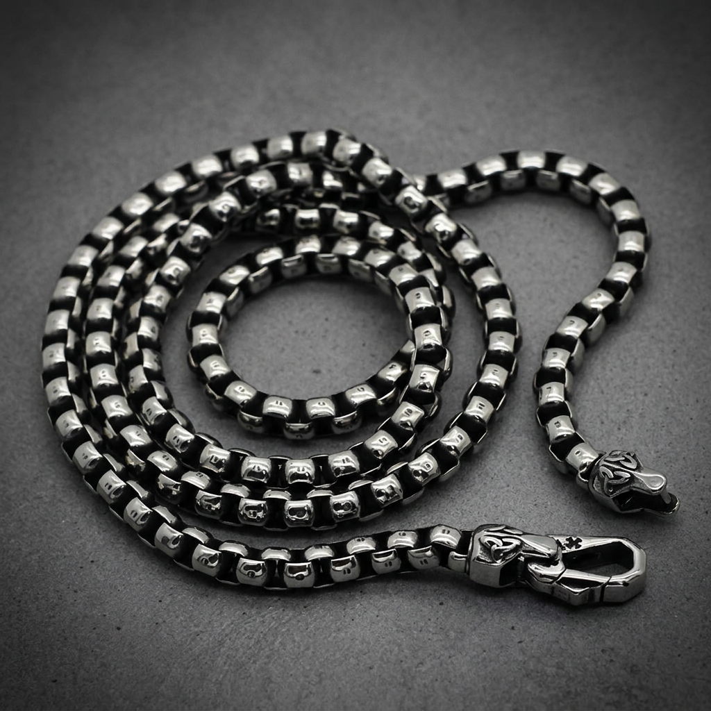 Heavy 316L surgical stainless steel box chain necklace with dark oxidized detailing and a detailed skull-head clasp.