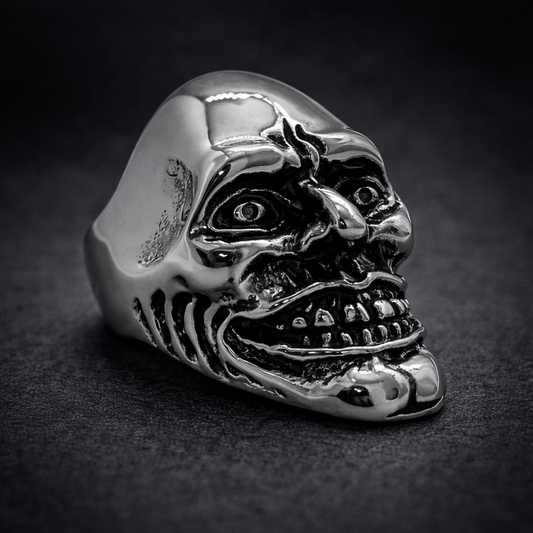 Patient No. 9 Skull Ring crafted from 316L stainless steel, featuring intricate skull design for bold style.