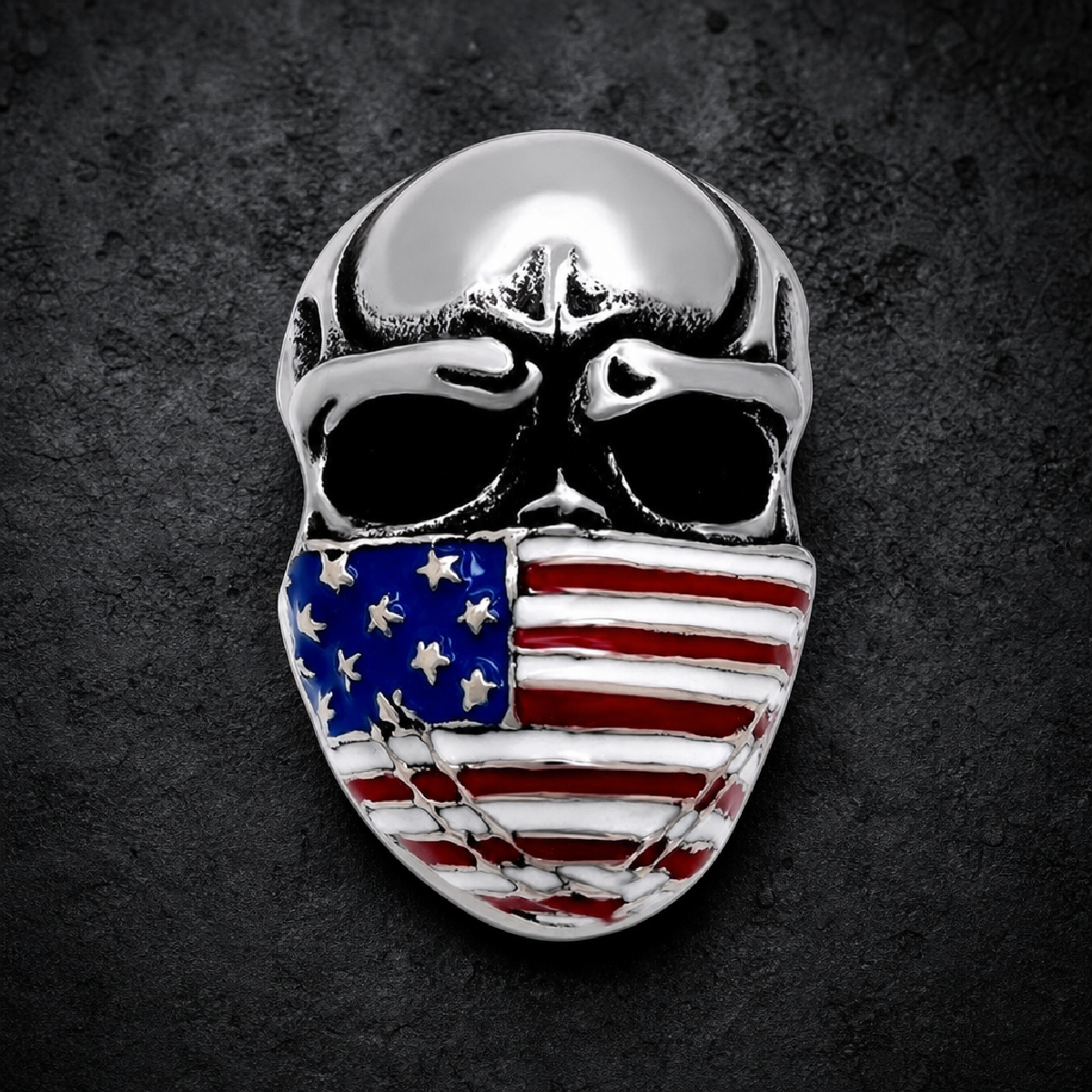 Patriotic Skull Stainless Steel Ring with American Flag Scarf Design - 316L stainless steel unisex jewelry (R0686)
