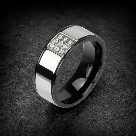 Paved Set Cubic Zirconia Black Stainless Steel Ring - 316L stainless steel unisex jewelry (R0572)