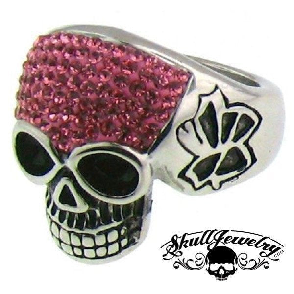 Stainless Steel Crystal Skull with Multi PINK Cubic Zirconia Ring