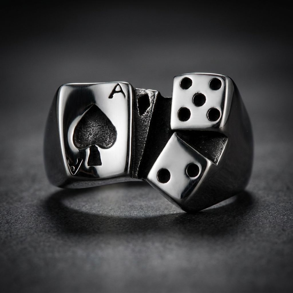 Lucky but Dangerous Ring stainless steel with ace of spades and dice design on a dark background