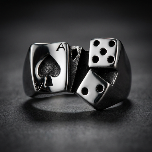 Lucky but Dangerous Ring stainless steel with ace of spades and dice design on a dark background