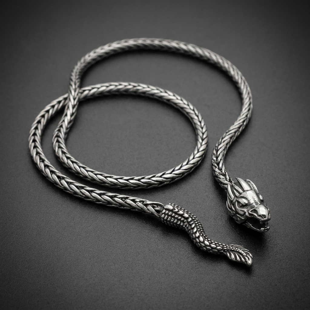 Polished Dragon Chain 24 inch necklace, featuring two detailed dragon heads at each end, woven from bright 316L surgical stainless steel against a dark background.