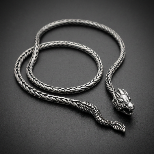 Polished Dragon Chain 24 inch necklace, featuring two detailed dragon heads at each end, woven from bright 316L surgical stainless steel against a dark background.