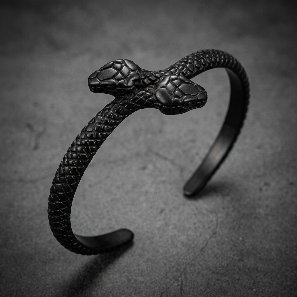 A black 316L stainless steel bracelet featuring two serpent heads meeting at the top, their bodies coiling around the wrist, scales visible on the band.