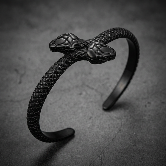 A black 316L stainless steel bracelet featuring two serpent heads meeting at the top, their bodies coiling around the wrist, scales visible on the band.