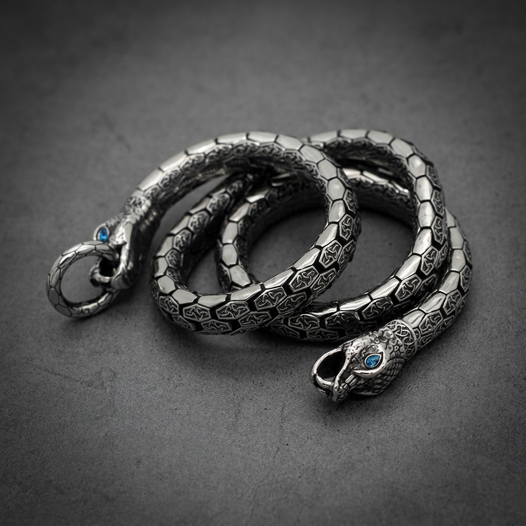 Polished Serpent Chain 18 inch Necklace in 316L surgical stainless steel with intricate scale pattern and two serpent heads with blue eyes.