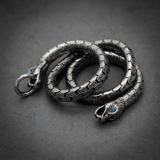 Polished Serpent Chain 18 inch Necklace in 316L surgical stainless steel with intricate scale pattern and two serpent heads with blue eyes.