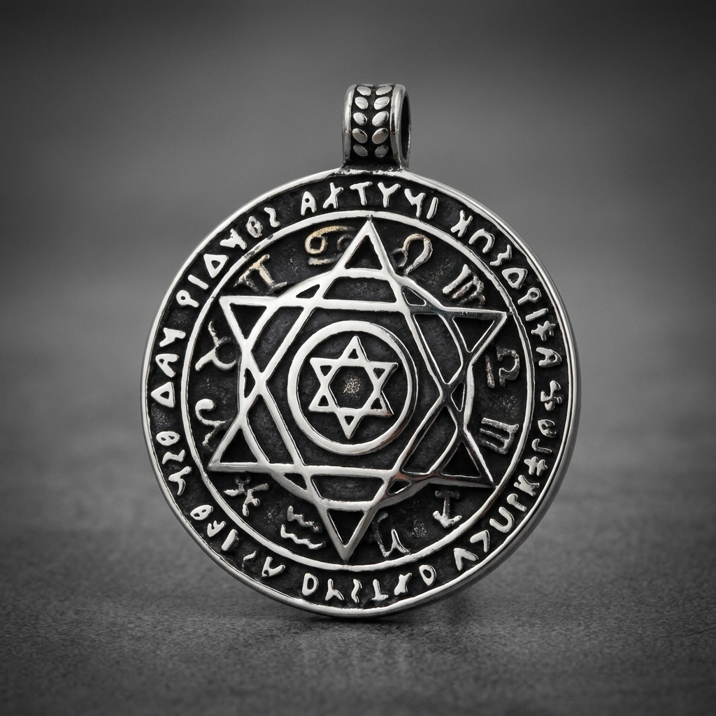 Heavy-duty 316L surgical stainless steel polished sigil pendant with etched cryptic symbols and a central hexagram, dark oxidized finish.