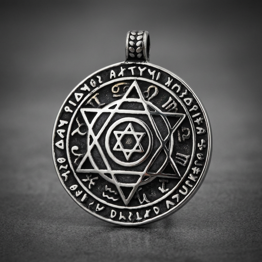 Heavy-duty 316L surgical stainless steel polished sigil pendant with etched cryptic symbols and a central hexagram, dark oxidized finish.