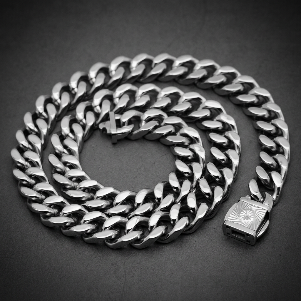 Heavy 220 gram Iron Rider Chain necklace made from 316L stainless steel, featuring a robust curb Cuban link design and sturdy box slide clasp.
