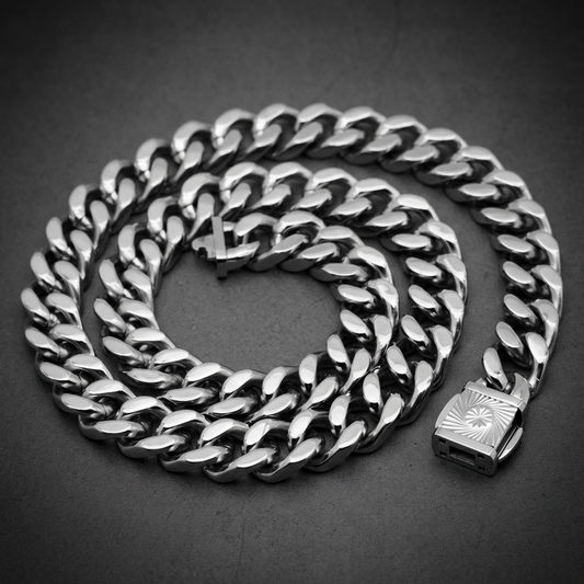 Heavy 220 gram Iron Rider Chain necklace made from 316L stainless steel, featuring a robust curb Cuban link design and sturdy box slide clasp.
