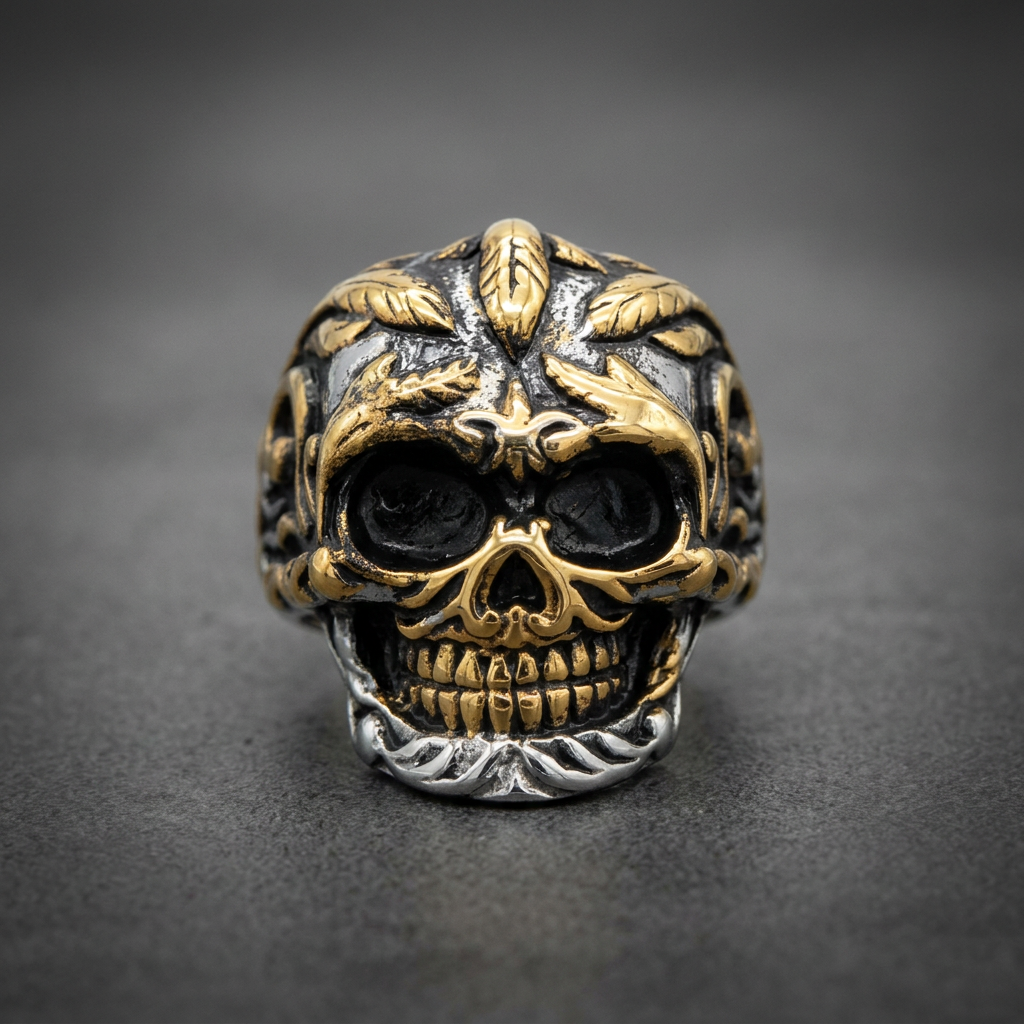 Dual-tone gold and blackened 316L stainless steel skull ring with intricate floral leaf patterns