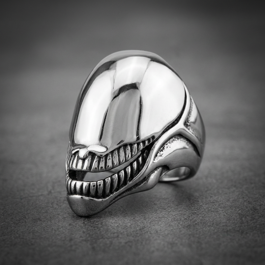 Prime Alien 316L stainless steel ring with polished finish and menacing tooth details