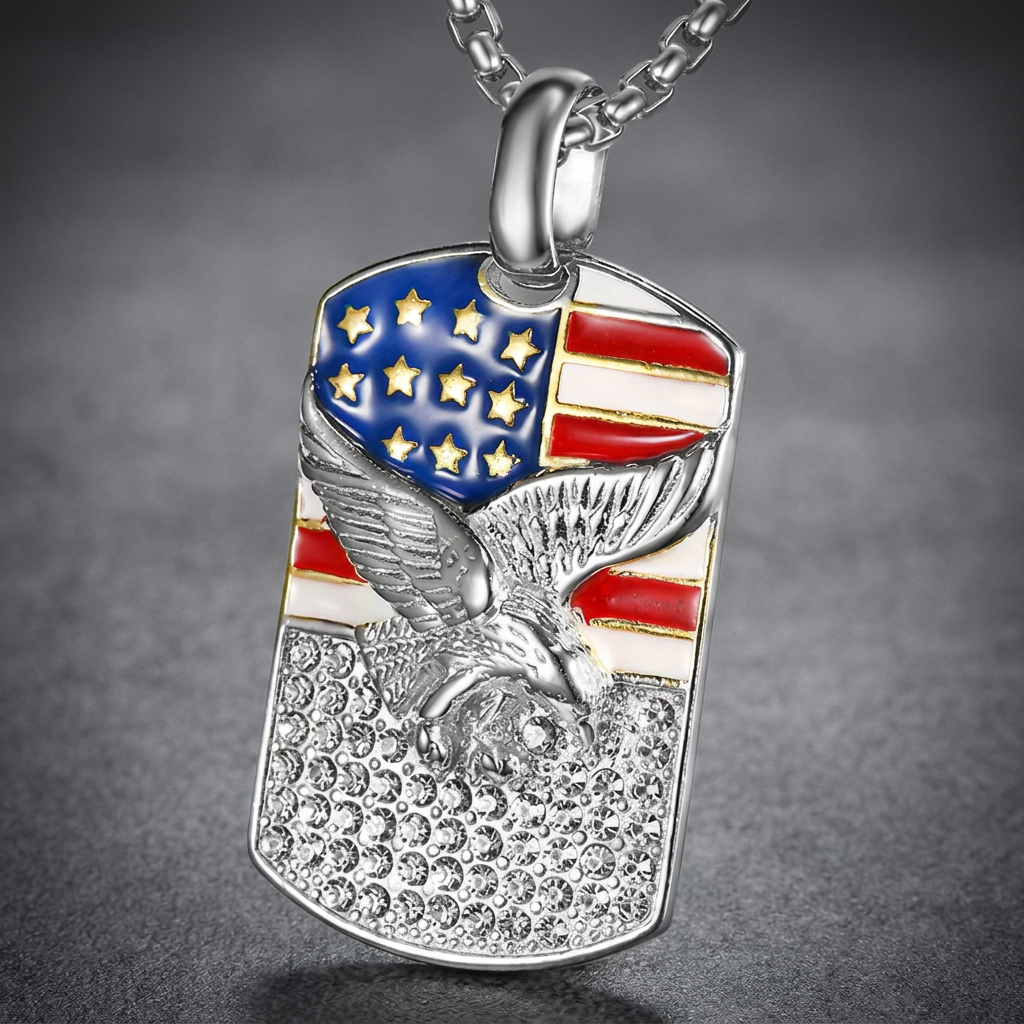 Prime Eagle 316L stainless steel pendant with American flag, fierce eagle, and pave crystal bottom.