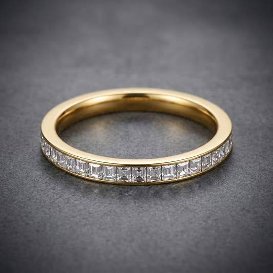 Prime Gem Band ring, 316L stainless steel, gold finish, channel-set clear rectangular gems.
