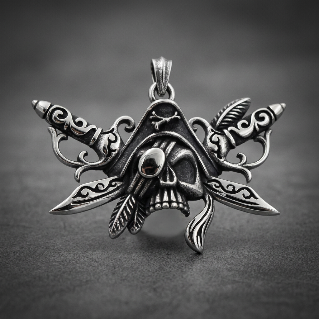 Prime Skull Dagger Pendant 316L stainless steel, featuring a central skull flanked by two ornate daggers and feathers, in a dark silver finish.