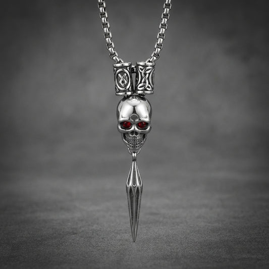 Prime Skull 32 inch Slider Necklace made of 316L stainless steel with a polished silver skull, red eyes, and a pointed spike pendant, on a box chain.