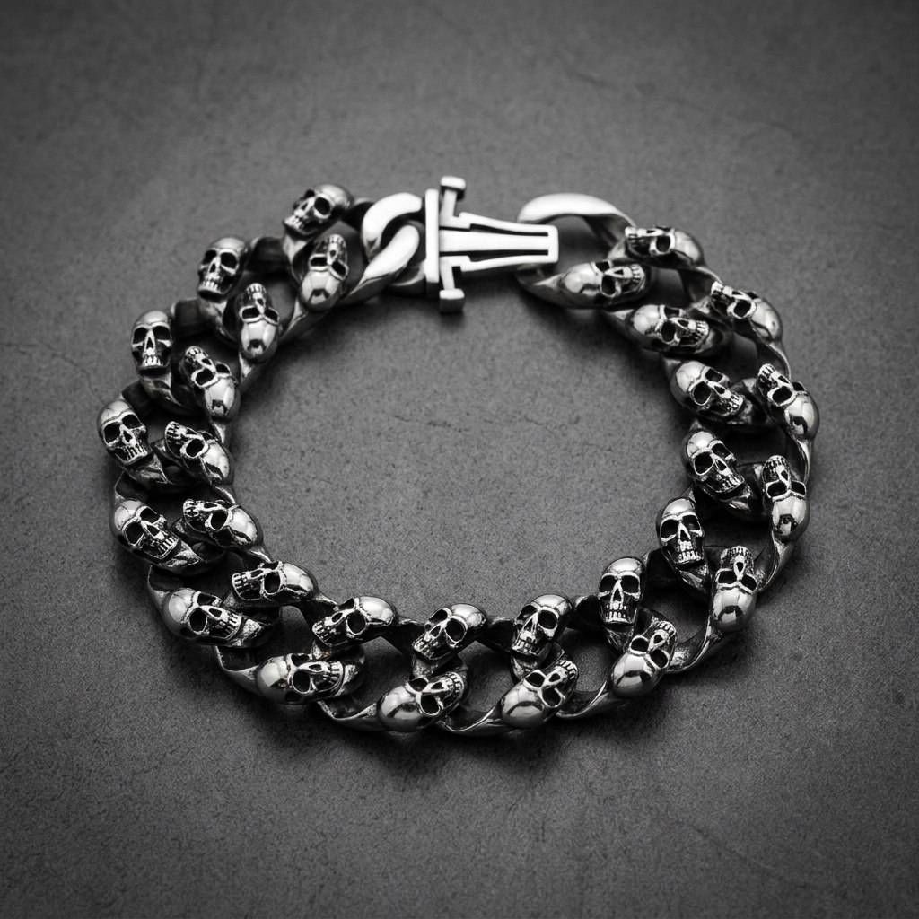 Thick 316L stainless steel bracelet featuring numerous detailed skulls on each link, with a larger skull on the rectangular clasp, in dark silver.