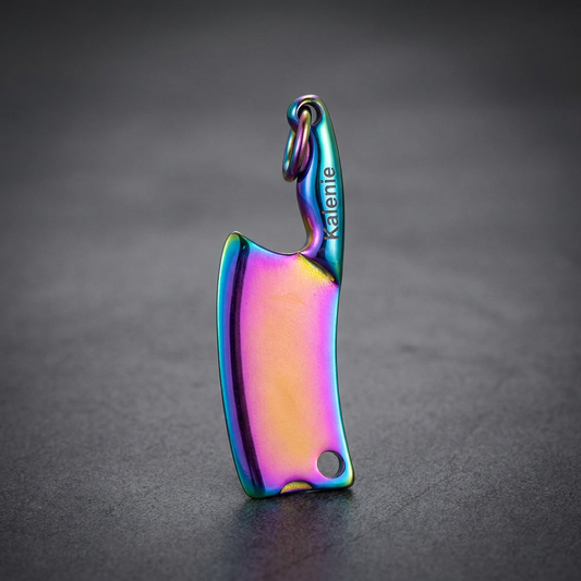 Rainbow cleaver pendant, 316L stainless steel, iridescent finish, miniature butcher knife design.