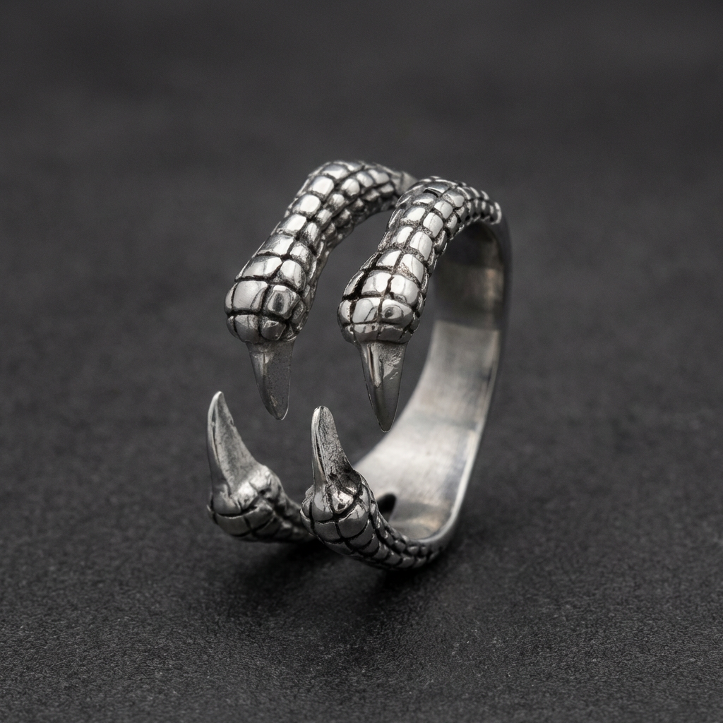 Unisex ring with raptor claw design in 316L stainless steel, silver finish.