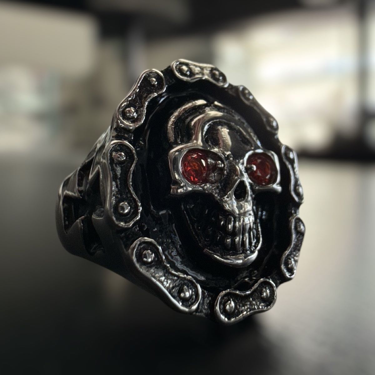 Night Rider Skull Rings Rebel Rider Skull Ring with Silver Motorcycle Chain & Ruby Red Eyes ...