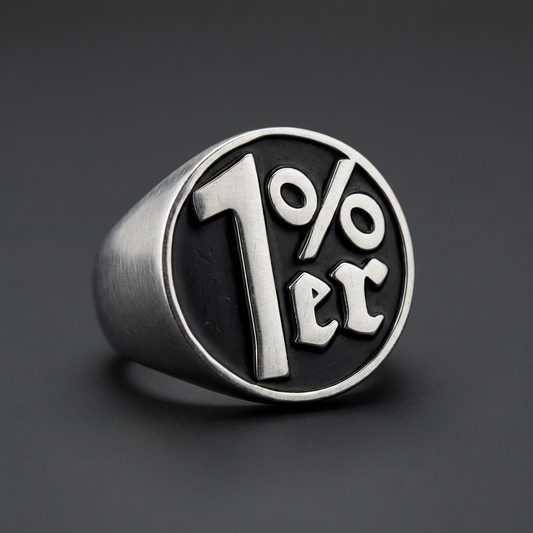 Fierce 1%er Emblem ring in 316L stainless steel, featuring bold black and silver contrast with deeply etched outlaw typography.