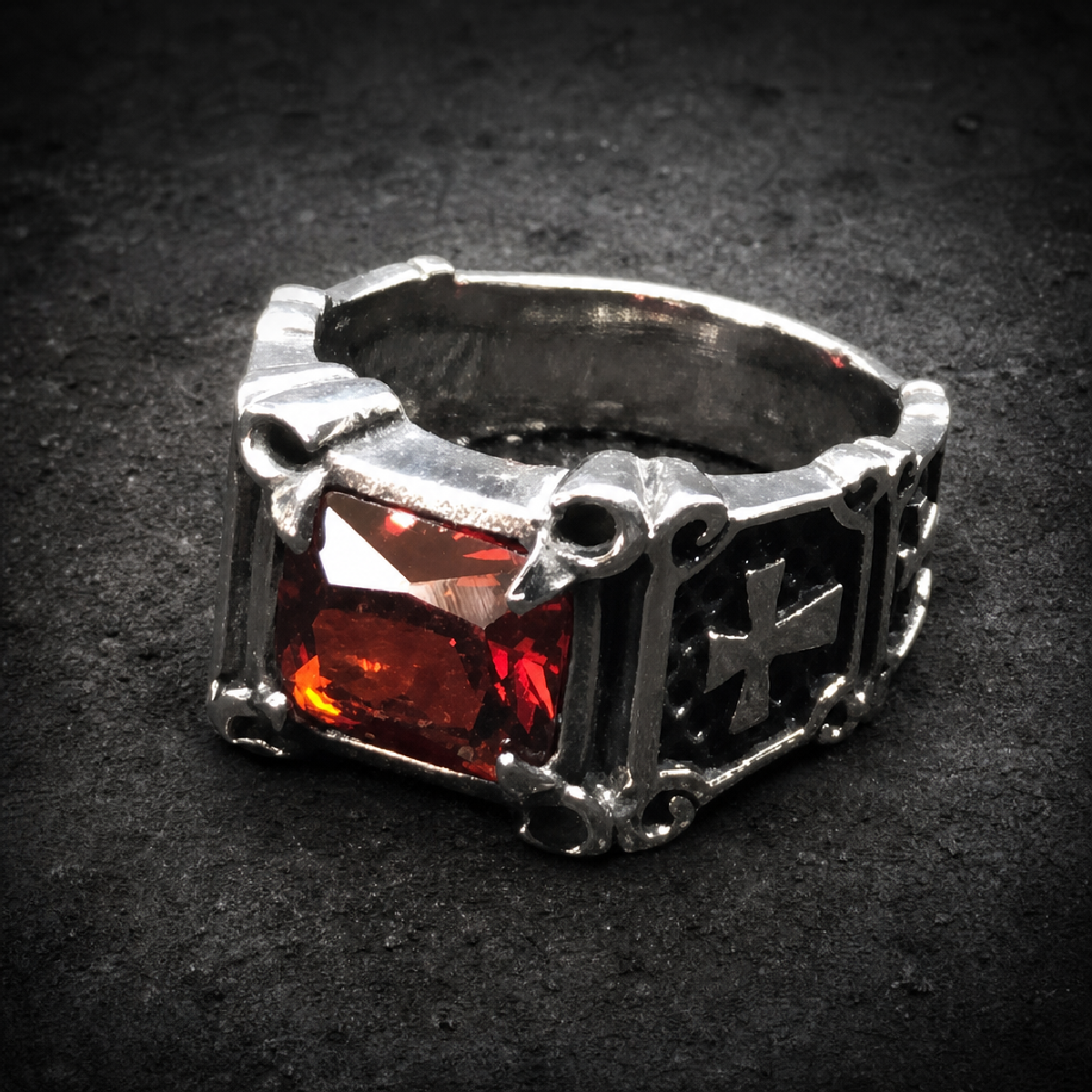 RED "Gypsy Queen" Faceted Rectangle Stainless Steel Ring with Crosses - 316L stainless steel unisex jewelry (R0522)