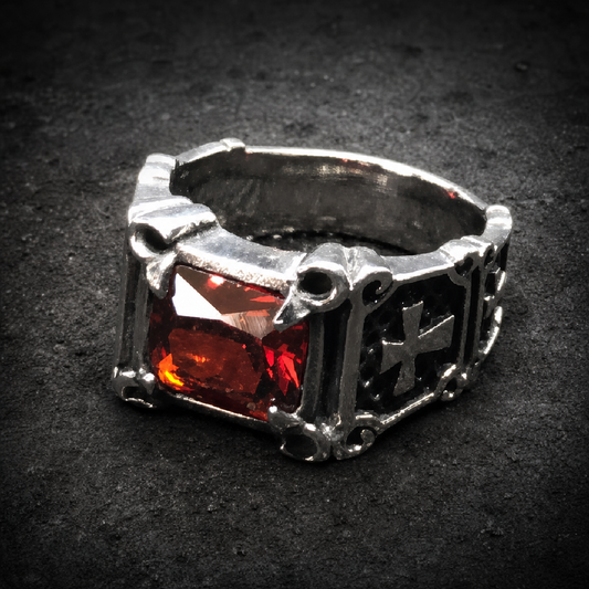 RED "Gypsy Queen" Faceted Rectangle Stainless Steel Ring with Crosses - 316L stainless steel unisex jewelry (R0522)