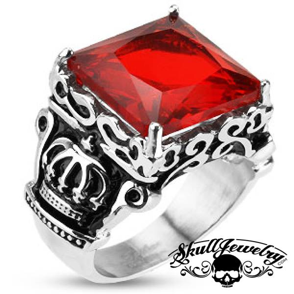 "The Royals" Faceted Red Square Gem Royal Crown Stainless Steel Ring